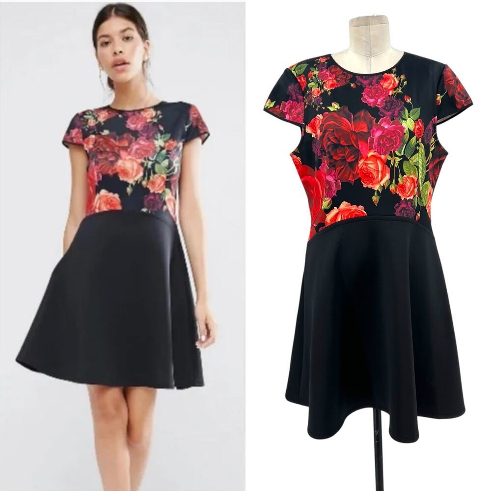Ted Baker Xylee Juxtapose‎ Rose Floral Skater Dress Black Red Size 5 / US 12